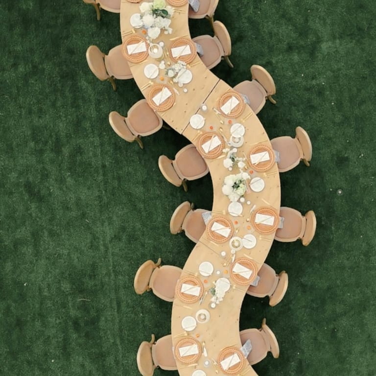Aerial view of a curved outdoor reception table on a green lawn
